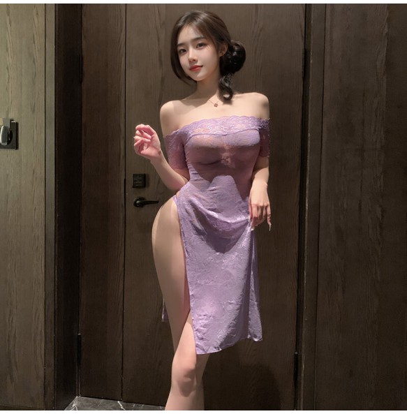 FEE ET MOI - Sheer Rose Off-Shoulder Cheongsam (Purple)